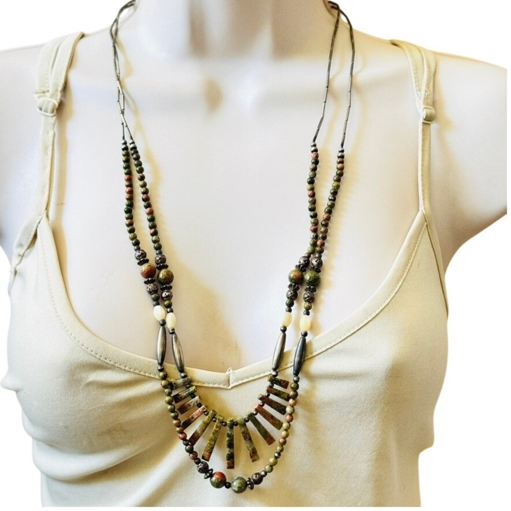 VTG Native American Style Unakite Jasper Necklace Natural Double Strand 70s